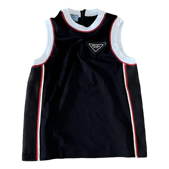 Prada Logo Plaque Mesh Panel Jersey Top - Picture 1 of 6
